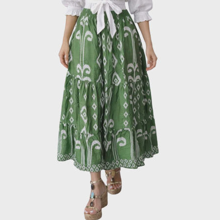 Fusta cu elastic in talie si imprimeu alb cu motive geometrice si decorative [2]