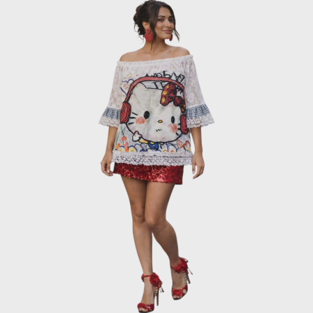 Bluza bumbac - Bluza din dantela si bumbac cu imprimeu artistic si paiete