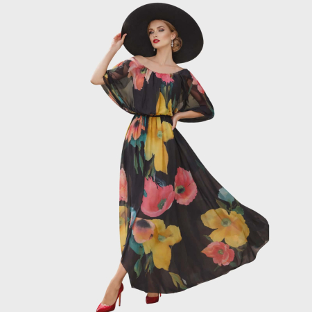 Rochii pentru  ocazii - Rochie lunga din matase bluzat in talie pe fond negru si imprimeu floral