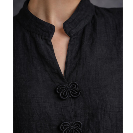 Rochie lunga din in tip tunica cu aplicatii macrame la decolteu [2]