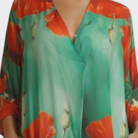 Rochie din satin croi larg cu imprimeu floral  maci rosii pe fundal verde [1]