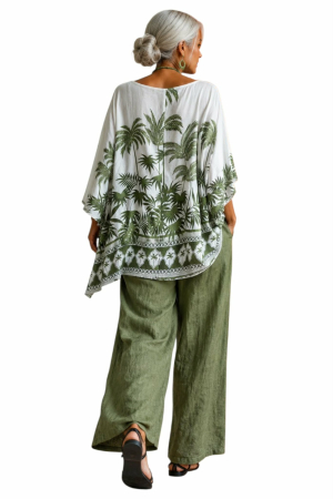 Bluza din vascoza croi larg tip poncho cu imprimeu frunza verzi [2]