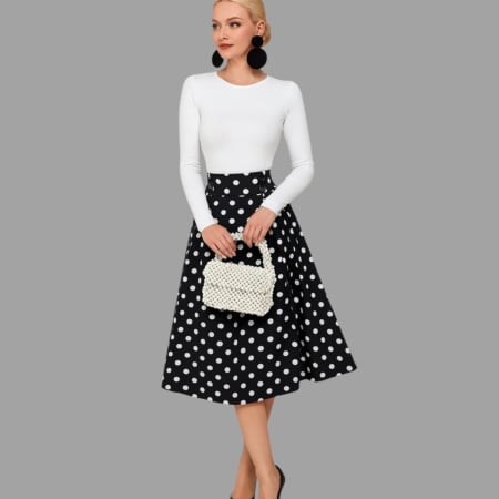 Fuste sezon cald - Fusta midi Eleganta cu Buline Albe pe Fundal Negru