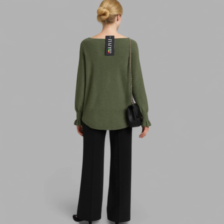 Pulover tricotat verde kaki  decolteu barcuta si volane la maneci [2]