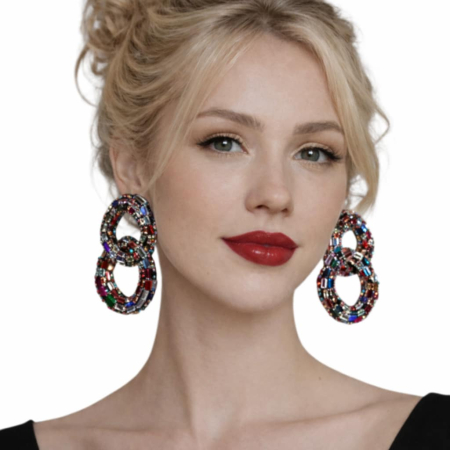 Cercei eleganti supradimensionati cu cristale multicolore si model cerc dublu