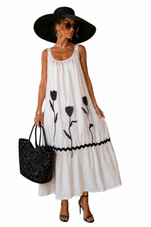 Imbracaminte - Rochie din bumbac croi larg si aplicatii flori negre