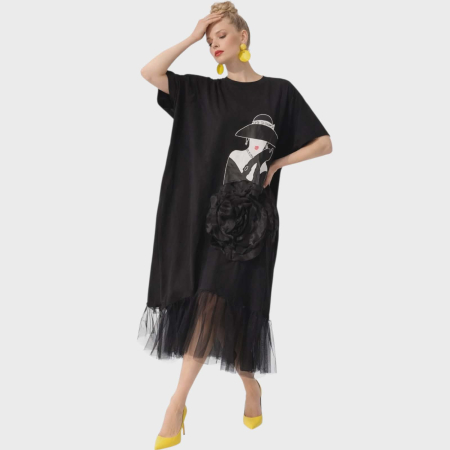Rochii bumbac - Rochie neagra croi larg din bumbac si tulle