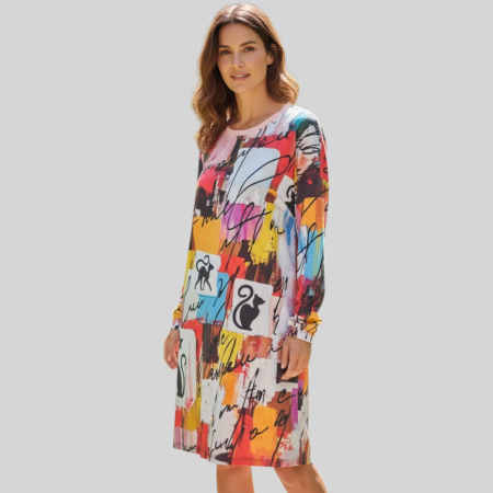 Rochii sezon rece - Rochie casual multicolora cu imprimeu abstract si siluete pisici