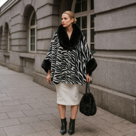 Imbracaminte - Haina Asimetrica Tip Poncho Eleganta cu Imprimeu Zebra si Guler Blana Ecologica