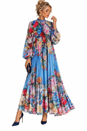 Rochii satin - Rochie lunga plisata din satin cu imprimeu floral