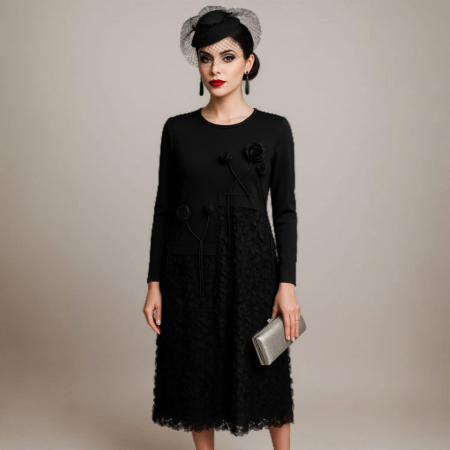 Rochii bumbac - Rochie eleganta neagra din bumbac cu aplicatii  trandafirasi negri