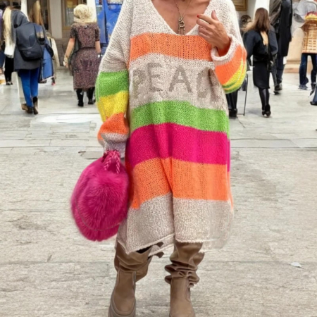 Rochii din tricot - Rochie Tip Pulover cu Dungi de Iarna pentru Marimi Mari