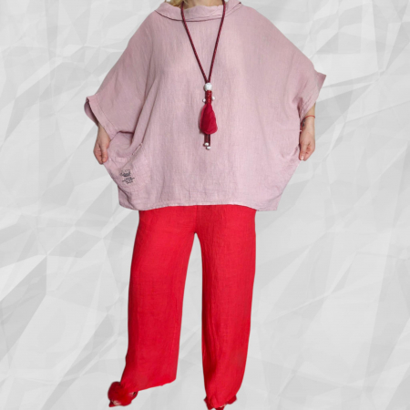 Bluza croi larg tip poncho din in roz prafuit si guler larg rotund [2]