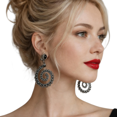 Cercei clips - Cercei clips statement spirala argintiu oxidat cu piatra neagra