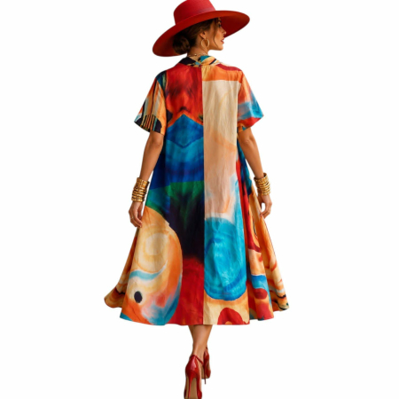 Rochie din bumbac tip camasa in forma de A cu imprimeu artistic [1]