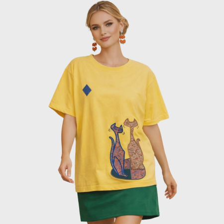 Bluze pisici sezon cald - Tricou galben din bumbac cu broderie doua pisici scumpe