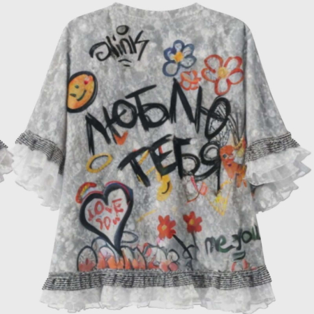 Bluza spectaculoasa din dantela gri si desen hello Kitty cu paiete si volane [2]