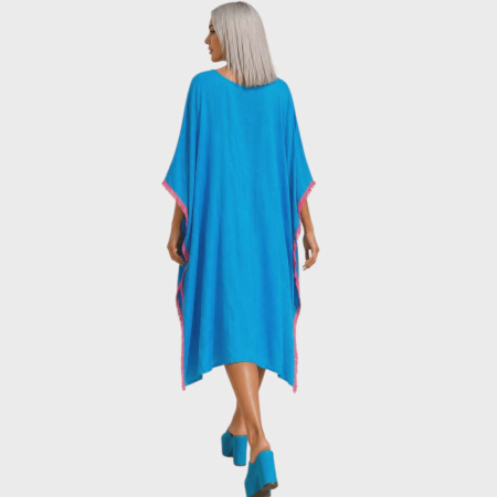 Kaftan amplu trei sferturi albastru   din vascoza cu ciucuri colorate pe margini [1]