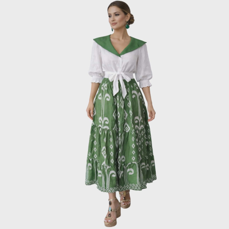 Fuste vascoza - Fusta cu elastic in talie si imprimeu alb cu motive geometrice si decorative