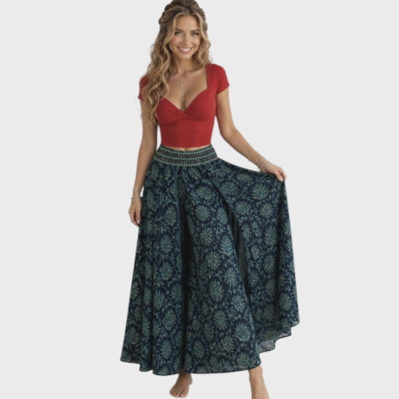 Pantaloni matase - Fusta pantalon foarte ampla din matase indiana si pietre in talie