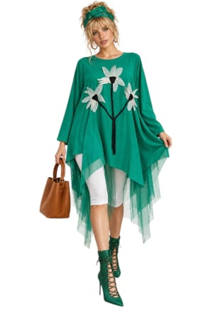 Bluze vascoza - Bluza asimetrica verde din vascoza cu tulle si flori in relief