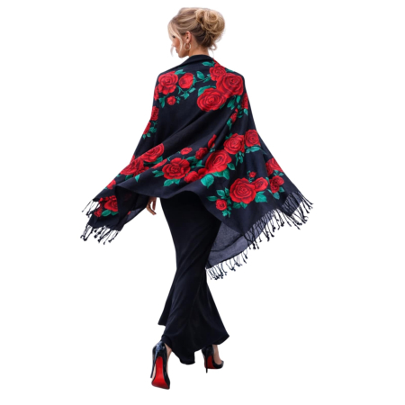 Sal generos din casmir pe fond negru cu imprimeu flori [2]