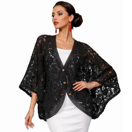 Imbracaminte - Bolero negru din macrame cu model tip fluture si nasturi din lemn