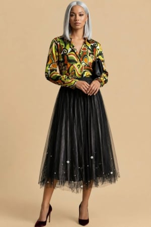 Fuste tulle - Fusta plisata neagra cu tulle si perle
