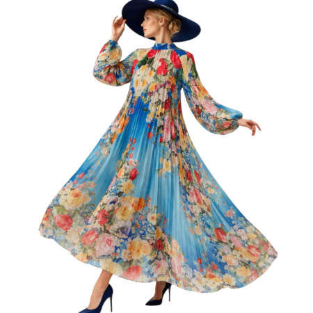Rochii lycra & poliester & voal - Rochie din satin lunga plisata bleumarin cu imprimeu floral multicolor