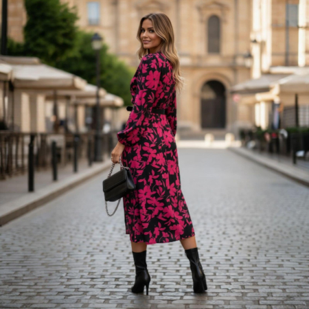 Rochie midi eleganta croiala petrecuta si slit lateral adanc pe fond fucsia [1]