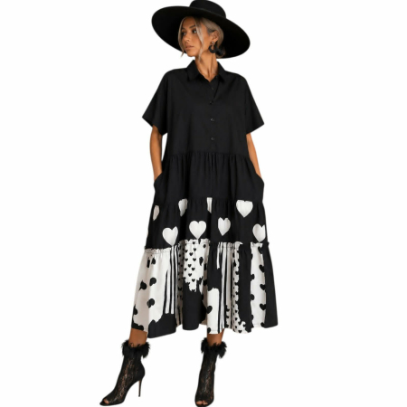 Rochii bumbac - Rochie din bumbac  croi larg tip camasa in alb si negru