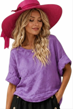 Bluze sezon cald - Bluza din in mov cu inchidere la spate cu nasturi