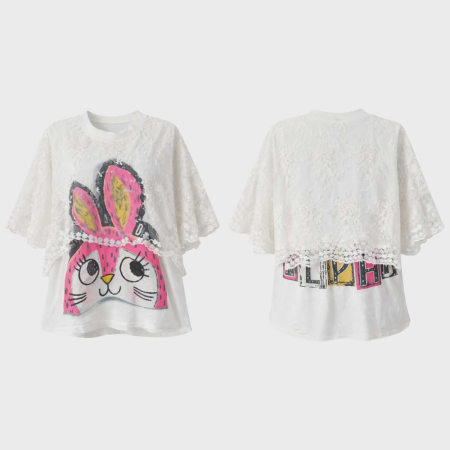 Bluza alba cu dantela alba tip pelerina cu imprimeu iepuras cu paiete [2]