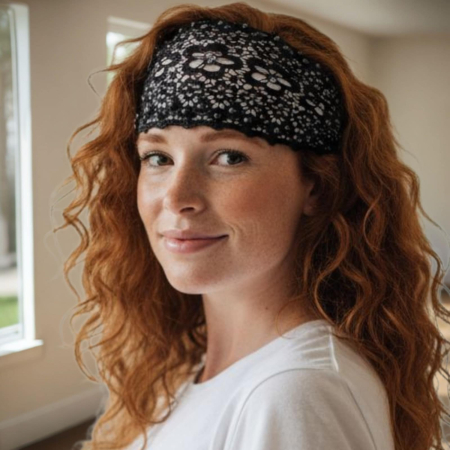 Bentita neagra din dantela pe elastic cu model floral si pietre argintii [1]