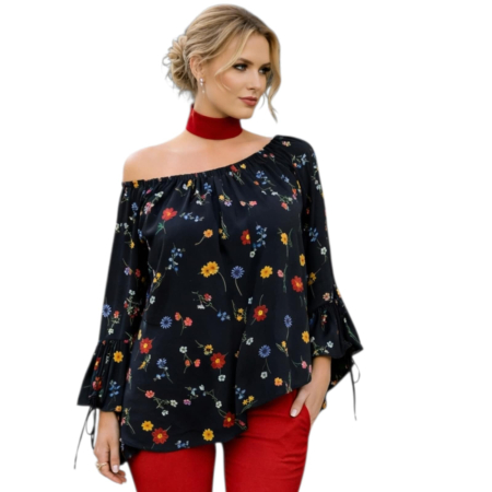 Bluze sezon cald - Bluza din voal neagra cu imprimeu floral si decolteu asimetric