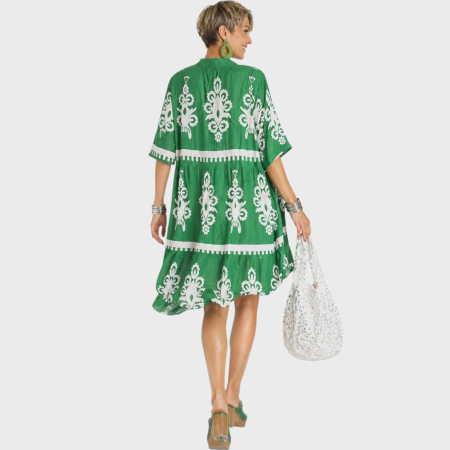 Rochie din bumbac pe fond verde cu imprimeu alb tip boho chic [1]