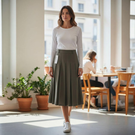 Fuste poliester - Fusta maron groasa cu pense pe partea din fata