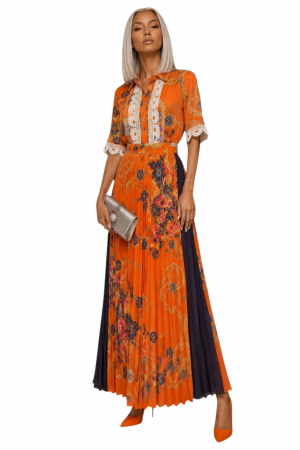 Rochie lunga plisata tip gipsy  cu dantela si nasturi la bust [1]