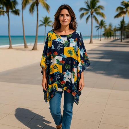 Bluze sezon cald - Bluza Larga din Voal Tip Poncho cu Imprimeu Floral
