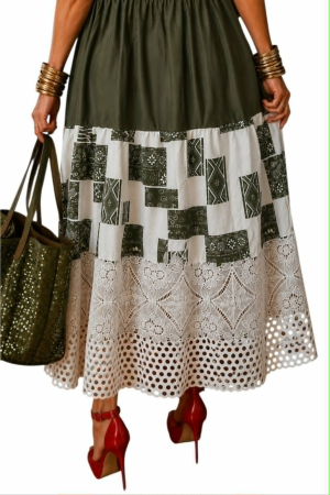 Rochie lejera verde kaki  din bumbac cu dantela brodata tip macrame crem [2]