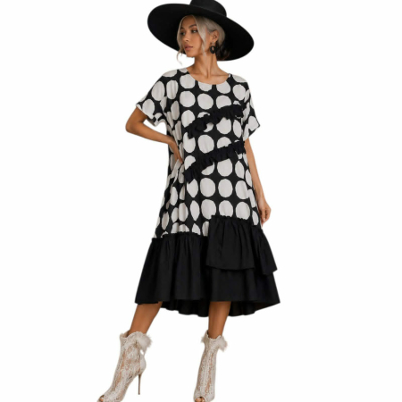 Rochii bumbac - Rochie din bumbac alb-negru cu buline si volane decorative