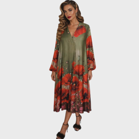 Imbracaminte - Rochie din satin croi larg cu imprimeu floral maci rosii pe fundal verde kaki