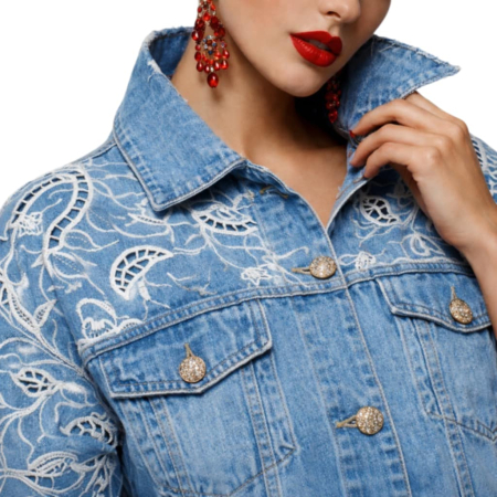 Geaca bleumarin denim cu broderie alba aplicata si croi drept [1]