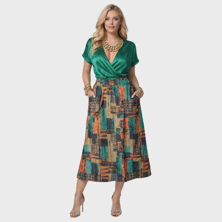 Imbracaminte - Fusta dama din vascoza cu imprimeu artistic si banda elastica in talie