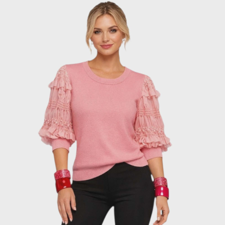 Imbracaminte - Bluza roz eleganta cu maneci din voal plisat si volane