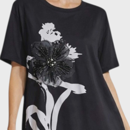 Rochie din bumbac pe fond negru cu floare din tulle si margele [2]