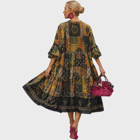 Rochie tip babydoll croi larg imprimeu patchwork boem [2]