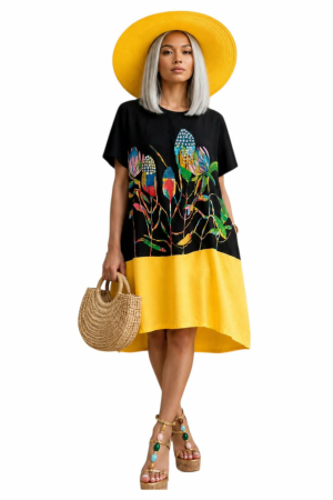 Rochii bumbac - Rochie din bumbac cu bordura galbena si imprimeu colorat cu pietre argintii