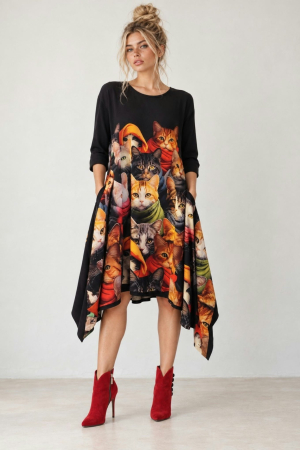 Rochii bumbac - Rochie din bumbac asimetrica cu multe pisici si buzunare