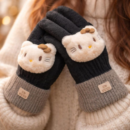 Manusi dama negre cu aplicatie pisica, manseta gri, material tricot [1]